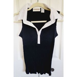 Stephanie Rogers L Women's Ribbed Top Black Sleeveless collared Blk/Wht Stretch‎